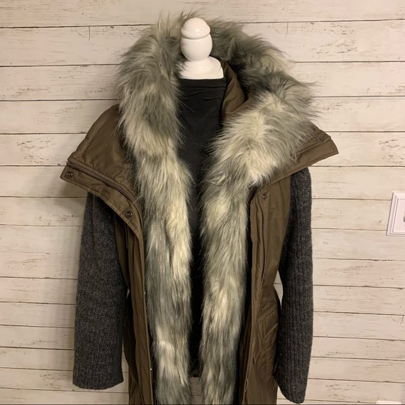 Vera Wang Green Khaki Faux Fur Trim Mixed Media Parka - Picture 6 of 17